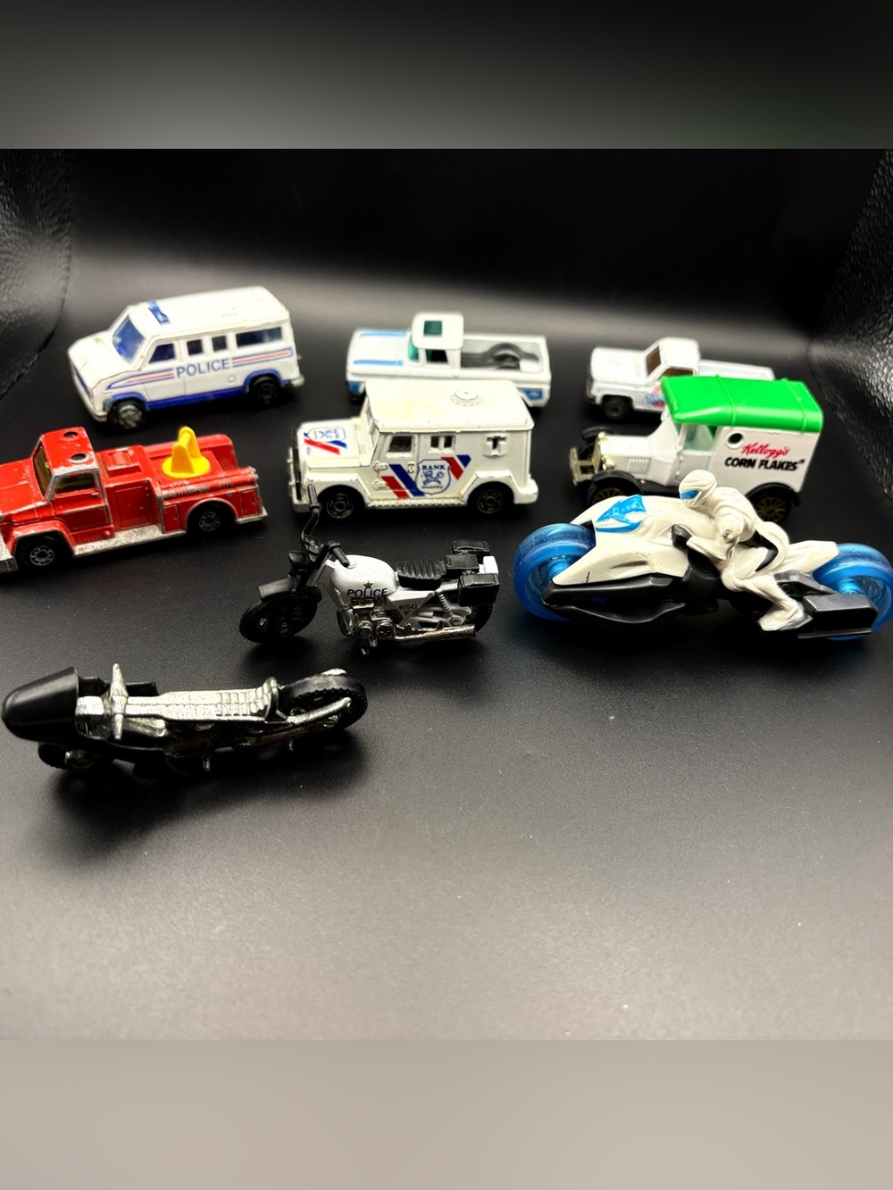 Kids Toy Vehicle Set - White & Blue Police Motorcycle and Cars